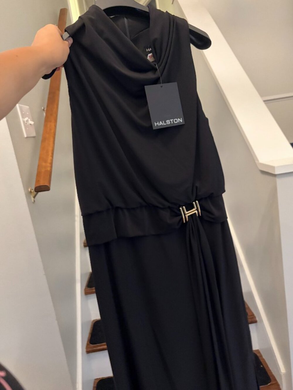 Rare: NWT Halston Black Cowl Neck Sleeveless Maxi Dress with Gold Buckle Size 6